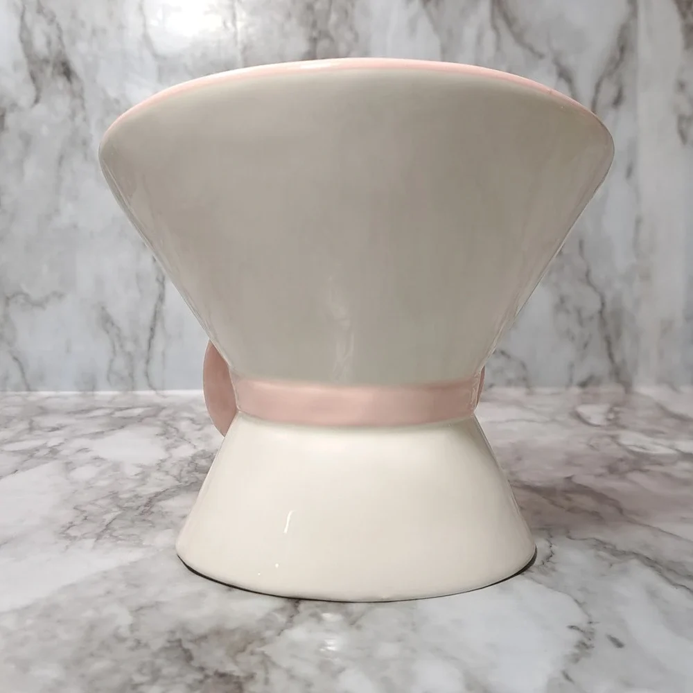 Mellow & Mod Pink /White Bow Cat Drinking Water Tall Bowl‎ Hand Painted